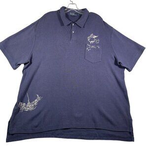 VTG Polo Ralph Lauren Mens Polo Shirt 2XL Navy Blue White Marlin Fisherman 03'‎